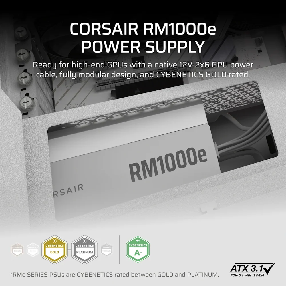 CORSAIR RMe Series RM1000e Fully Modular Low-Noise ATX Power Supply - White - Image 5